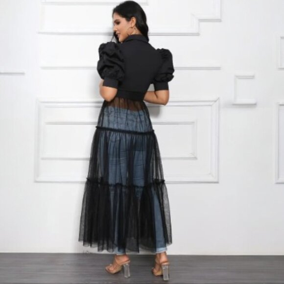 Ekaliy Black Mesh Long Sleeve Belted Dress  2XL Casual Glam Sheer Overlay V-Neck - Picture 2 of 11